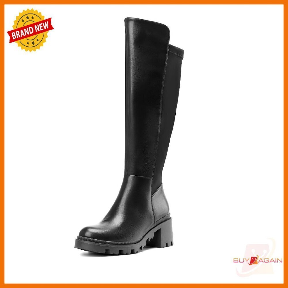 Women's Knee High Platform Boots, Stretch Fit, Round Toe, Chunky Sole